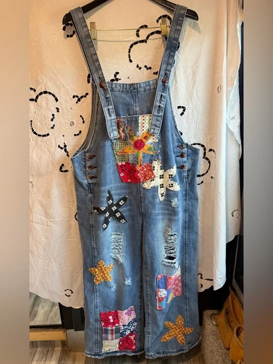 Sedona Artist OOAK Patchwork Denim Overalls girlhood floral Star Appliqués L - Picture 1 of 8